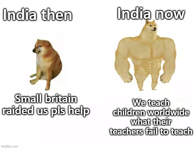 Buff Doge vs. Cheems | India now; India then; We teach children worldwide what their teachers fail to teach; Small britain raided us pls help | image tagged in buff doge vs cheems | made w/ Imgflip meme maker