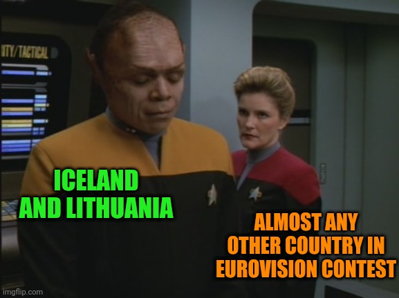 Tuvix | ICELAND AND LITHUANIA; ALMOST ANY OTHER COUNTRY IN EUROVISION CONTEST | image tagged in tuvix | made w/ Imgflip meme maker