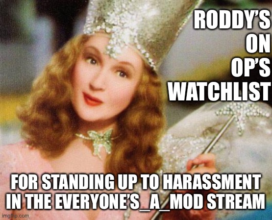 Glinda | RODDY’S ON OP’S WATCHLIST FOR STANDING UP TO HARASSMENT IN THE EVERYONE’S_A_MOD STREAM | image tagged in glinda | made w/ Imgflip meme maker