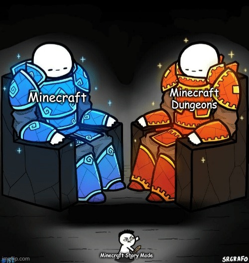 Two giants looking at a small guy | Minecraft Dungeons; Minecraft; Minecraft Story Mode | image tagged in two giants looking at a small guy | made w/ Imgflip meme maker