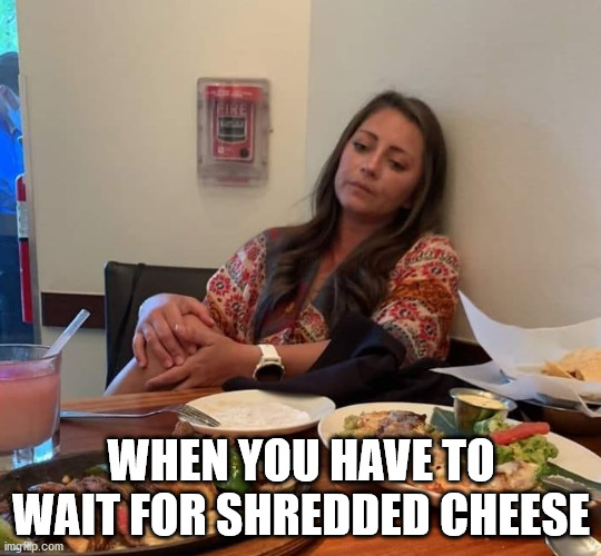 no cheese | WHEN YOU HAVE TO WAIT FOR SHREDDED CHEESE | image tagged in funny | made w/ Imgflip meme maker