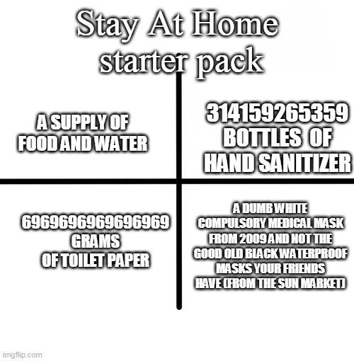Blank Starter Pack Meme | Stay At Home  starter pack; 314159265359 BOTTLES  OF HAND SANITIZER; A SUPPLY OF FOOD AND WATER; 6969696969696969 GRAMS OF TOILET PAPER; A DUMB WHITE COMPULSORY MEDICAL MASK FROM 2009 AND NOT THE GOOD OLD BLACK WATERPROOF MASKS YOUR FRIENDS HAVE (FROM THE SUN MARKET) | image tagged in memes,blank starter pack | made w/ Imgflip meme maker