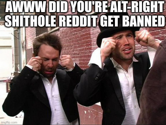 It's Always Sunny Crying | AWWW DID YOU'RE ALT-RIGHT SHITHOLE REDDIT GET BANNED | image tagged in it's always sunny crying | made w/ Imgflip meme maker