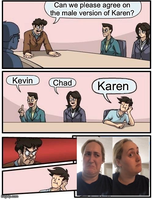 Boardroom Meeting Suggestion Meme | Can we please agree on the male version of Karen? Kevin; Chad; Karen | image tagged in memes,boardroom meeting suggestion | made w/ Imgflip meme maker