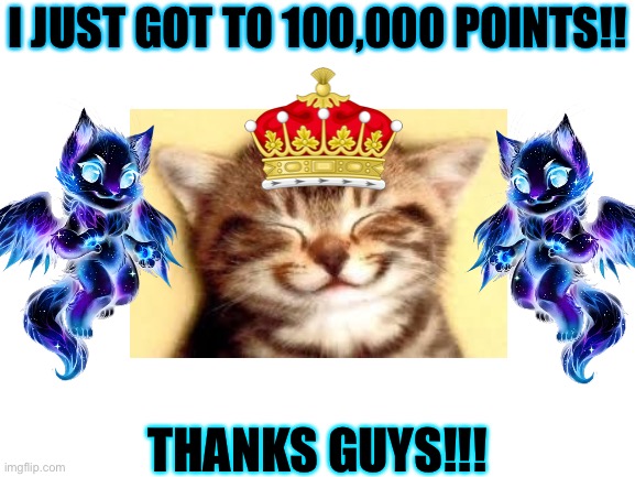 I JUST GOT TO 100,000 POINTS!! THANKS GUYS!!! | image tagged in cats,celebration,imgflip points,breaking news | made w/ Imgflip meme maker