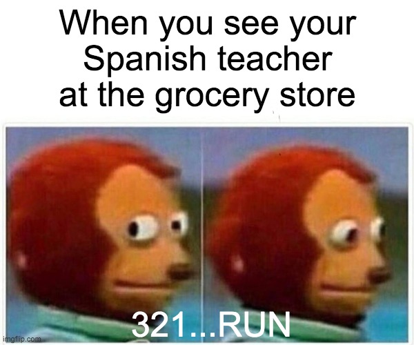 Monkey Puppet Meme | When you see your Spanish teacher at the grocery store; 321...RUN | image tagged in memes,monkey puppet | made w/ Imgflip meme maker