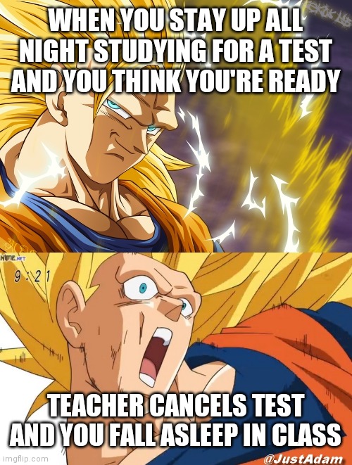 dragon ball super | WHEN YOU STAY UP ALL NIGHT STUDYING FOR A TEST AND YOU THINK YOU'RE READY; TEACHER CANCELS TEST AND YOU FALL ASLEEP IN CLASS | image tagged in dragon ball super | made w/ Imgflip meme maker