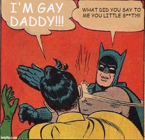 batman and robin in there natural habitat | WHAT DID YOU SAY TO ME YOU LITTLE S**T?!!! I'M GAY DADDY!!! | image tagged in memes,batman slapping robin | made w/ Imgflip meme maker