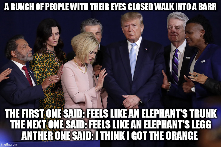 Magic Elephant Prayer Meeting | A BUNCH OF PEOPLE WITH THEIR EYES CLOSED WALK INTO A BARR; THE FIRST ONE SAID: FEELS LIKE AN ELEPHANT'S TRUNK
THE NEXT ONE SAID: FEELS LIKE AN ELEPHANT'S LEGG
ANTHER ONE SAID: I THINK I GOT THE ORANGE | image tagged in prayer,power of prayer,party games,baby elephant,dumbo,republican | made w/ Imgflip meme maker