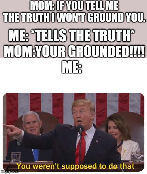 You weren't supposed to do that | MOM: IF YOU TELL ME THE TRUTH I WON'T GROUND YOU. ME: *TELLS THE TRUTH*; MOM:YOUR GROUNDED!!!! ME: | image tagged in you weren't supposed to do that,mom,kids,memes | made w/ Imgflip meme maker