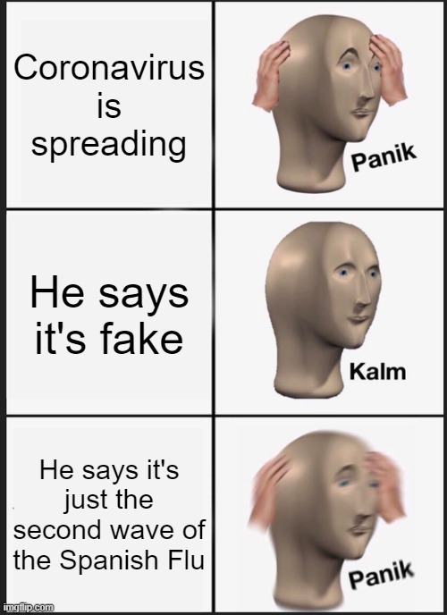 Panik Kalm Panik Meme | Coronavirus is spreading He says it's fake He says it's just the second wave of the Spanish Flu | image tagged in memes,panik kalm panik | made w/ Imgflip meme maker