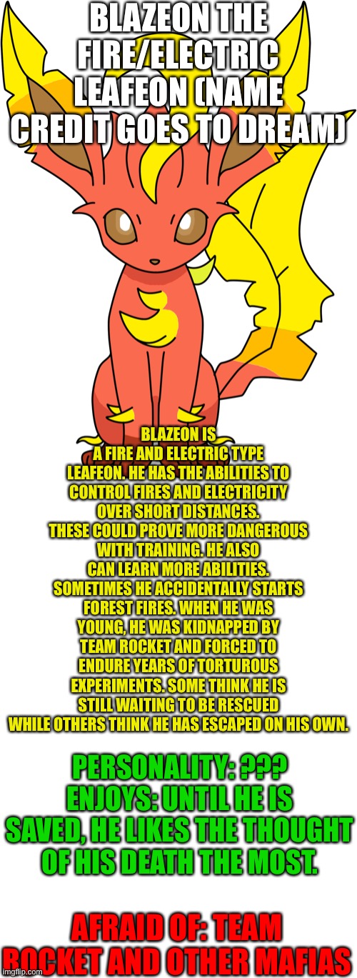 The grim tale of Blazeon | BLAZEON THE FIRE/ELECTRIC LEAFEON (NAME CREDIT GOES TO DREAM); BLAZEON IS A FIRE AND ELECTRIC TYPE LEAFEON. HE HAS THE ABILITIES TO CONTROL FIRES AND ELECTRICITY OVER SHORT DISTANCES. THESE COULD PROVE MORE DANGEROUS WITH TRAINING. HE ALSO CAN LEARN MORE ABILITIES. SOMETIMES HE ACCIDENTALLY STARTS FOREST FIRES. WHEN HE WAS YOUNG, HE WAS KIDNAPPED BY TEAM ROCKET AND FORCED TO ENDURE YEARS OF TORTUROUS EXPERIMENTS. SOME THINK HE IS STILL WAITING TO BE RESCUED WHILE OTHERS THINK HE HAS ESCAPED ON HIS OWN. PERSONALITY: ???
ENJOYS: UNTIL HE IS SAVED, HE LIKES THE THOUGHT OF HIS DEATH THE MOST. AFRAID OF: TEAM ROCKET AND OTHER MAFIAS | image tagged in blank template | made w/ Imgflip meme maker