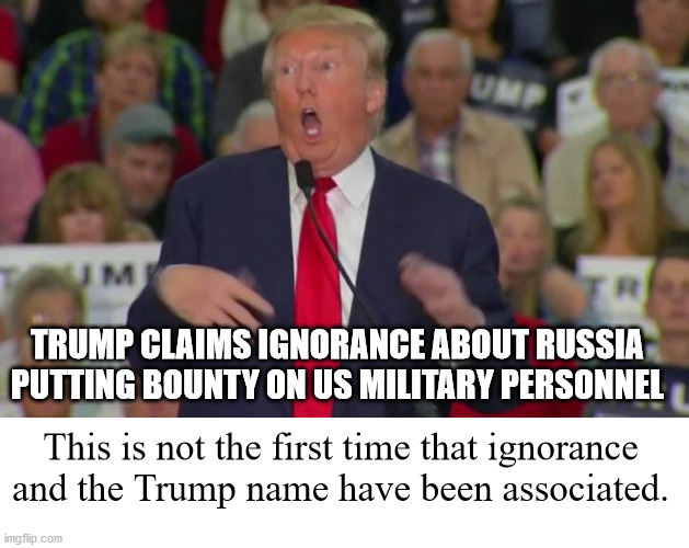 It seems like this would have been an important part of his daily intelligence briefing. | TRUMP CLAIMS IGNORANCE ABOUT RUSSIA PUTTING BOUNTY ON US MILITARY PERSONNEL; This is not the first time that ignorance and the Trump name have been associated. | image tagged in donald trump mocking disabled,russia bounty on us soldiers,ignorance | made w/ Imgflip meme maker