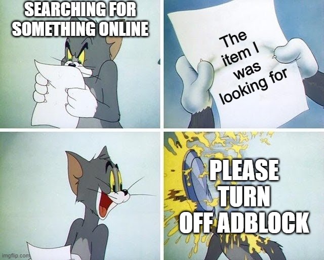 Tom and Jerry custard pie | SEARCHING FOR SOMETHING ONLINE; The item I was looking for; PLEASE TURN OFF ADBLOCK | image tagged in tom and jerry custard pie | made w/ Imgflip meme maker