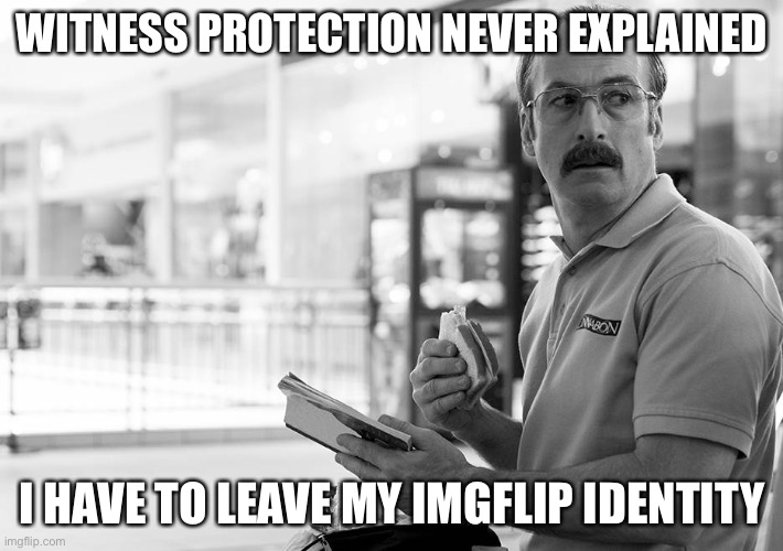 WITNESS PROTECTION NEVER EXPLAINED I HAVE TO LEAVE MY IMGFLIP IDENTITY | image tagged in saul goodman | made w/ Imgflip meme maker