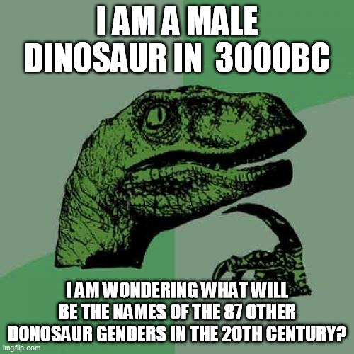 Philosoraptor Meme | I AM A MALE DINOSAUR IN  3000BC; I AM WONDERING WHAT WILL BE THE NAMES OF THE 87 OTHER DONOSAUR GENDERS IN THE 2OTH CENTURY? | image tagged in memes,philosoraptor | made w/ Imgflip meme maker