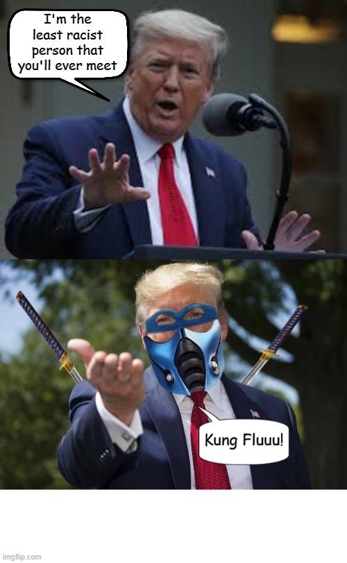 I'm the least racist person that you'll ever meet; COVELL BELLAMY III | image tagged in trump i'm not racist kung flu | made w/ Imgflip meme maker