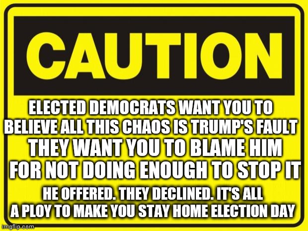 caution | ELECTED DEMOCRATS WANT YOU TO BELIEVE ALL THIS CHAOS IS TRUMP'S FAULT; THEY WANT YOU TO BLAME HIM FOR NOT DOING ENOUGH TO STOP IT; HE OFFERED. THEY DECLINED. IT'S ALL A PLOY TO MAKE YOU STAY HOME ELECTION DAY | image tagged in caution | made w/ Imgflip meme maker