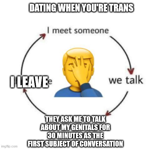 I Meet Someone We Talk They Leave | DATING WHEN YOU'RE TRANS; I LEAVE; THEY ASK ME TO TALK ABOUT MY GENITALS FOR 30 MINUTES AS THE FIRST SUBJECT OF CONVERSATION | image tagged in i meet someone we talk they leave | made w/ Imgflip meme maker