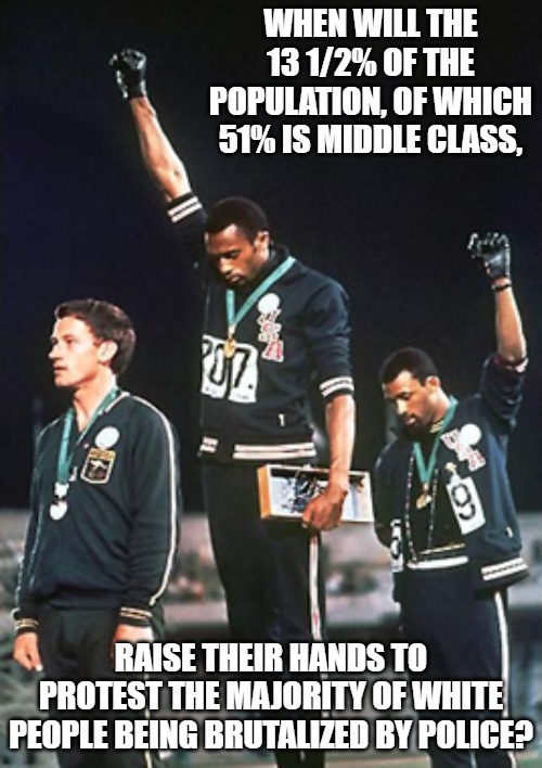 Awkward Olympics | WHEN WILL THE 13 1/2% OF THE POPULATION, OF WHICH 51% IS MIDDLE CLASS, RAISE THEIR HANDS TO PROTEST THE MAJORITY OF WHITE PEOPLE BEING BRUTALIZED BY POLICE? | image tagged in memes,awkward olympics | made w/ Imgflip meme maker