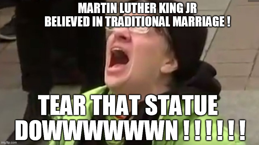 Screaming Liberal  | MARTIN LUTHER KING JR BELIEVED IN TRADITIONAL MARRIAGE ! TEAR THAT STATUE 
DOWWWWWWN ! ! ! ! ! ! | image tagged in screaming liberal | made w/ Imgflip meme maker