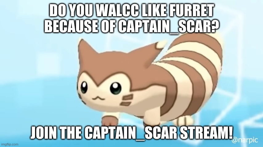 yes, just walcc on over link in the comments | DO YOU WALCC LIKE FURRET BECAUSE OF CAPTAIN_SCAR? JOIN THE CAPTAIN_SCAR STREAM! | image tagged in furret walcc | made w/ Imgflip meme maker