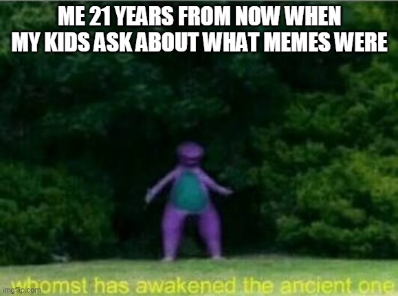 Whomst has awakened the ancient one | ME 21 YEARS FROM NOW WHEN MY KIDS ASK ABOUT WHAT MEMES WERE | image tagged in whomst has awakened the ancient one | made w/ Imgflip meme maker
