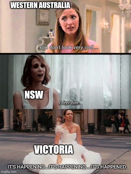 Australia second wave | WESTERN AUSTRALIA; You don't look very well... NSW; VICTORIA; IT'S HAPPENING...IT'S HAPPENING....IT'S HAPPENED. | image tagged in covid 19,coronavirus,meanwhile in australia,funny memes | made w/ Imgflip meme maker