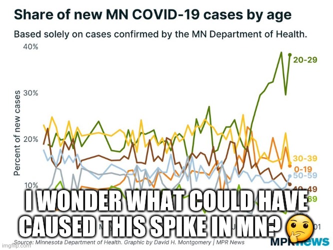 I wonder what could have caused this spike in MN? | I WONDER WHAT COULD HAVE CAUSED THIS SPIKE IN MN? 🤔 | image tagged in covid 19,minnesota,floyd protests,riots,looters | made w/ Imgflip meme maker