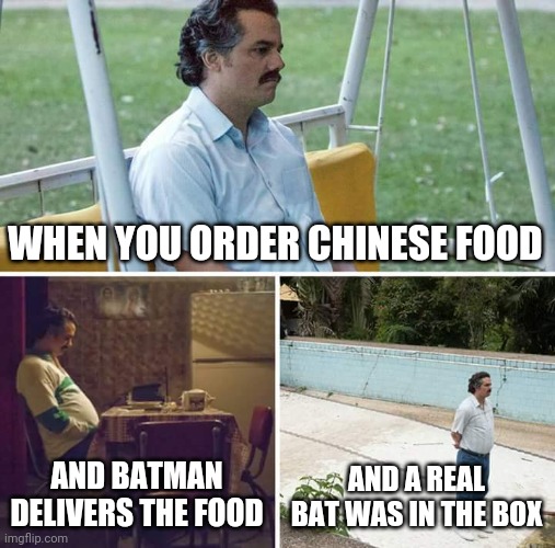 Sad Pablo Escobar Meme | WHEN YOU ORDER CHINESE FOOD; AND BATMAN DELIVERS THE FOOD; AND A REAL BAT WAS IN THE BOX | image tagged in memes,sad pablo escobar | made w/ Imgflip meme maker