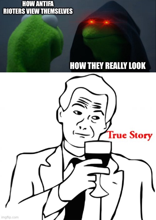 Antifa Perspective | HOW ANTIFA RIOTERS VIEW THEMSELVES; HOW THEY REALLY LOOK | image tagged in memes,true story,evil kermit | made w/ Imgflip meme maker