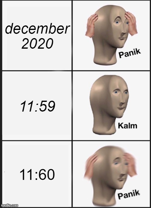 wow | december 2020; 11:59; 11:60 | image tagged in memes,panik kalm panik | made w/ Imgflip meme maker