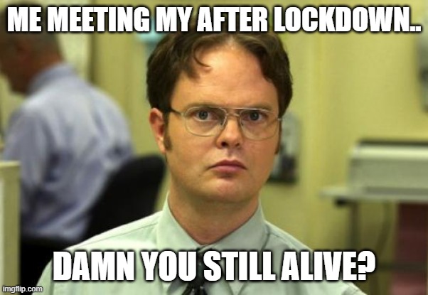 Dwight Schrute Meme | ME MEETING MY AFTER LOCKDOWN.. DAMN YOU STILL ALIVE? | image tagged in memes,dwight schrute | made w/ Imgflip meme maker