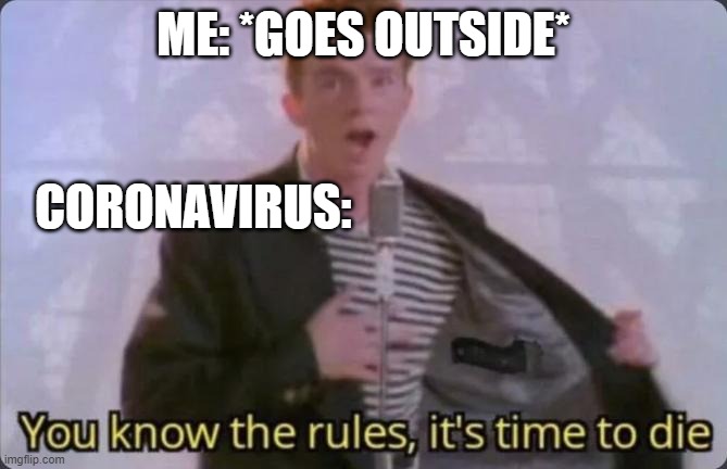 You know the rules, it's time to die | ME: *GOES OUTSIDE*; CORONAVIRUS: | image tagged in you know the rules it's time to die | made w/ Imgflip meme maker