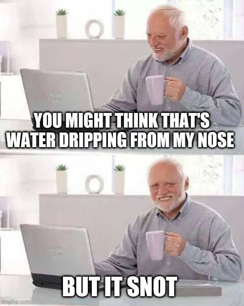 An old one | YOU MIGHT THINK THAT'S WATER DRIPPING FROM MY NOSE; BUT IT SNOT | image tagged in memes,hide the pain harold | made w/ Imgflip meme maker