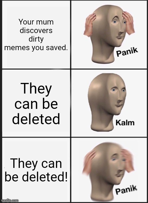 Panik Kalm Panik Meme | Your mum discovers dirty memes you saved. They can be deleted; They can be deleted! | image tagged in memes,panik kalm panik | made w/ Imgflip meme maker