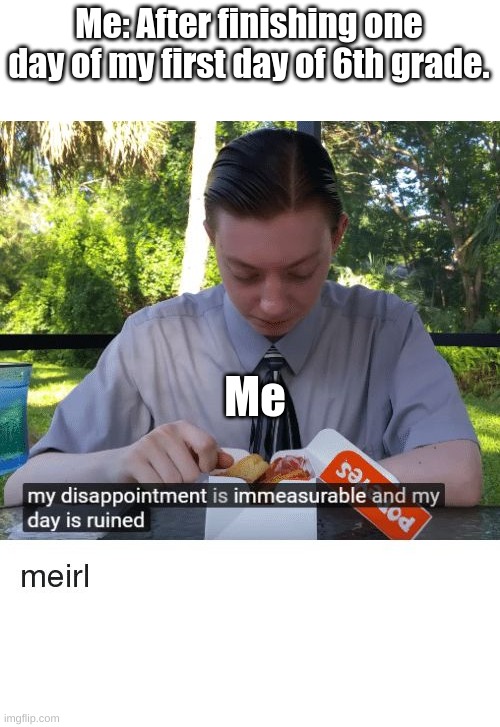 My disappointment is immeasurable and my day is ruined | Me: After finishing one day of my first day of 6th grade. Me | image tagged in my disappointment is immeasurable and my day is ruined | made w/ Imgflip meme maker