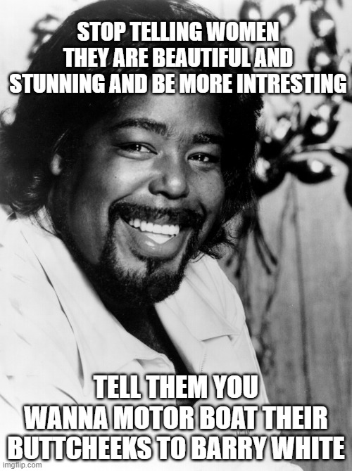 barry | STOP TELLING WOMEN THEY ARE BEAUTIFUL AND STUNNING AND BE MORE INTRESTING; TELL THEM YOU WANNA MOTOR BOAT THEIR BUTTCHEEKS TO BARRY WHITE | image tagged in funny | made w/ Imgflip meme maker