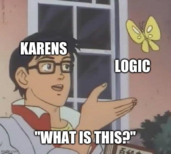 Karens | KARENS; LOGIC; "WHAT IS THIS?" | image tagged in memes,is this a pigeon,karen,memes | made w/ Imgflip meme maker