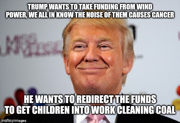 Trump is much more cleverer than you | TRUMP WANTS TO TAKE FUNDING FROM WIND POWER, WE ALL IN KNOW THE NOISE OF THEM CAUSES CANCER; HE WANTS TO REDIRECT THE FUNDS TO GET CHILDREN INTO WORK CLEANING COAL | image tagged in donald trump approves,donald trump,trump,different kind of stupid,wtf,mental giant | made w/ Imgflip meme maker