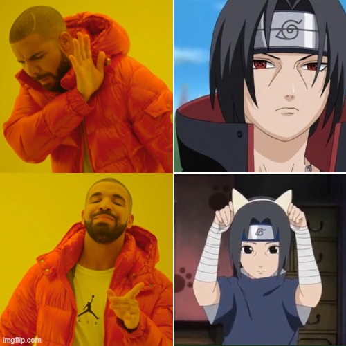 Cutest Itachi pic ever | image tagged in memes,drake hotline bling,itachi uchiha is not amused with your bullshit | made w/ Imgflip meme maker