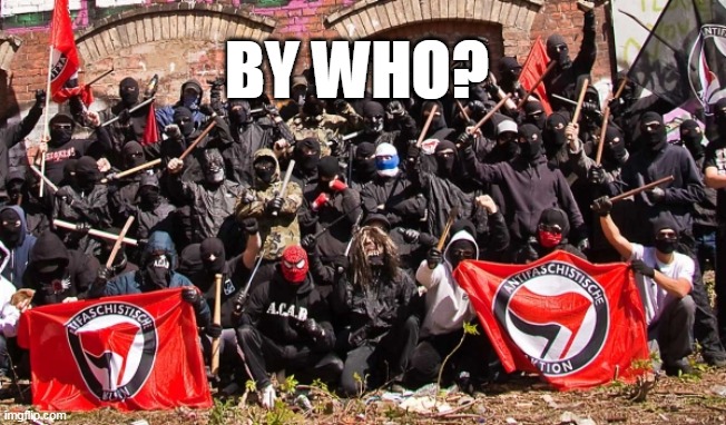 Antifa | BY WHO? | image tagged in antifa | made w/ Imgflip meme maker