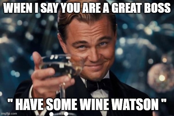 Leonardo Dicaprio Cheers | WHEN I SAY YOU ARE A GREAT BOSS; " HAVE SOME WINE WATSON " | image tagged in memes,leonardo dicaprio cheers | made w/ Imgflip meme maker