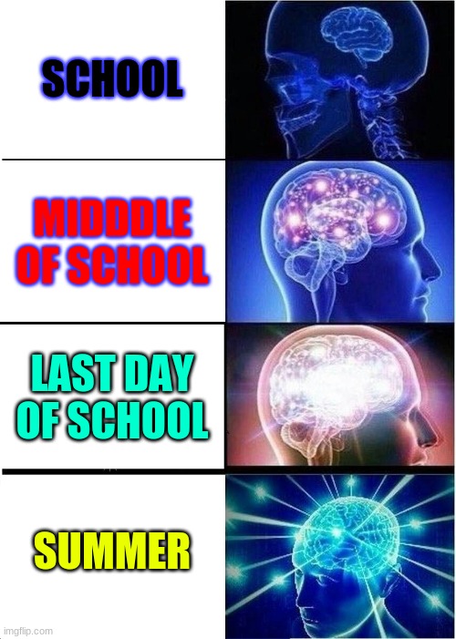 school | SCHOOL; MIDDDLE OF SCHOOL; LAST DAY OF SCHOOL; SUMMER | image tagged in memes,expanding brain | made w/ Imgflip meme maker