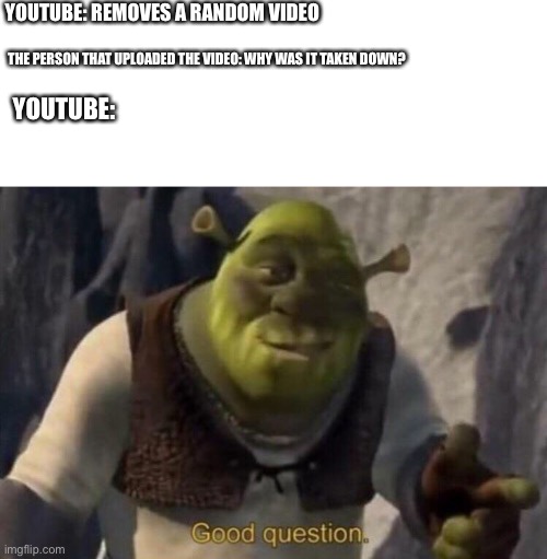 Shrek good question | YOUTUBE: REMOVES A RANDOM VIDEO; THE PERSON THAT UPLOADED THE VIDEO: WHY WAS IT TAKEN DOWN? YOUTUBE: | image tagged in shrek good question,memes,youtube,videos | made w/ Imgflip meme maker