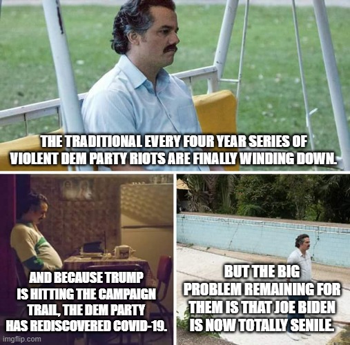 Sad Pablo Escobar | THE TRADITIONAL EVERY FOUR YEAR SERIES OF VIOLENT DEM PARTY RIOTS ARE FINALLY WINDING DOWN. BUT THE BIG PROBLEM REMAINING FOR THEM IS THAT JOE BIDEN IS NOW TOTALLY SENILE. AND BECAUSE TRUMP IS HITTING THE CAMPAIGN TRAIL, THE DEM PARTY HAS REDISCOVERED COVID-19. | image tagged in memes,sad pablo escobar | made w/ Imgflip meme maker