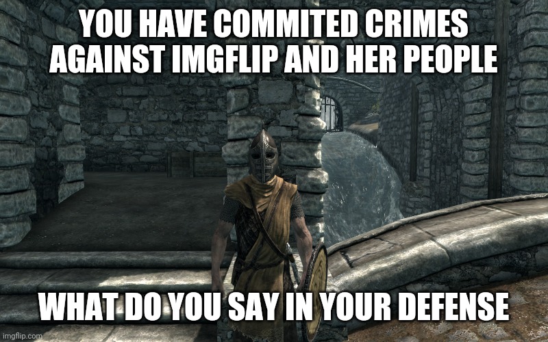 Whiterun Guard Notices | YOU HAVE COMMITED CRIMES AGAINST IMGFLIP AND HER PEOPLE WHAT DO YOU SAY IN YOUR DEFENSE | image tagged in whiterun guard notices | made w/ Imgflip meme maker