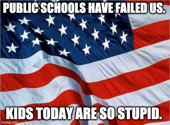 USA Flag | PUBLIC SCHOOLS HAVE FAILED US. KIDS TODAY ARE SO STUPID. | image tagged in usa flag | made w/ Imgflip meme maker
