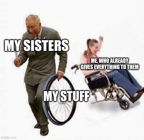 *facepalm* | MY SISTERS; ME, WHO ALREADY GIVES EVERYTHING TO THEM; MY STUFF | image tagged in wheel steal | made w/ Imgflip meme maker