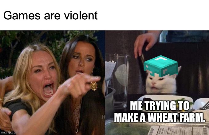 Woman Yelling At Cat Meme | Games are violent; ME TRYING TO MAKE A WHEAT FARM. | image tagged in memes,woman yelling at cat | made w/ Imgflip meme maker